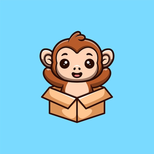 Monkey Sitting Out From Box Cute Creative Kawaii Cartoon Mascot Logo