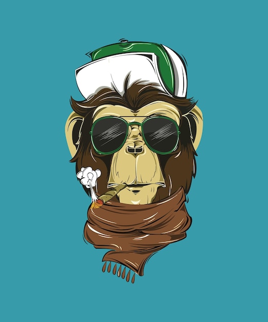 Monkey smoking a cigarette with sunglasses and a scarf.