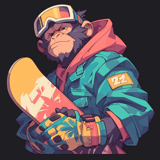 A monkey on a snowboard cartoon style