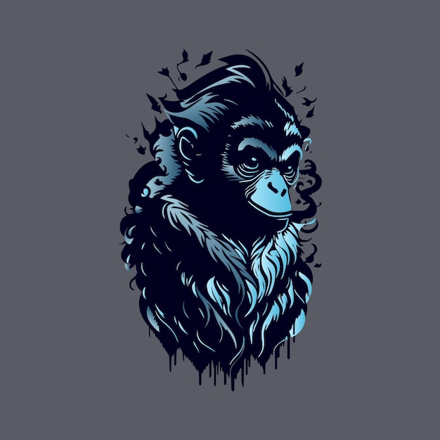 A monkey with a blue background and leaves on it