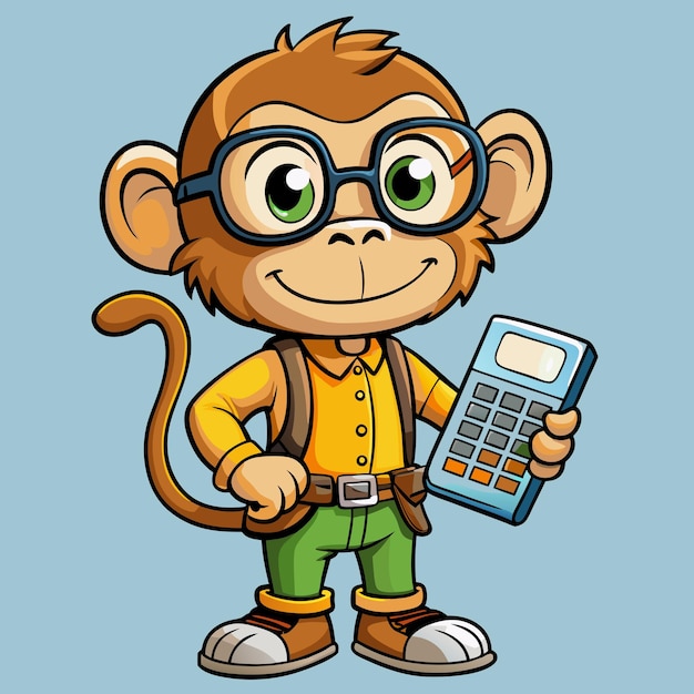 Monkey with Calculator and Glasses Cartoon Vector Illustration