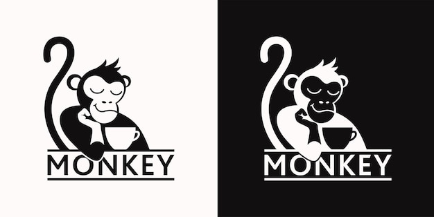 Monkey with a cup of coffee or tea Logo or badge for coffee shops and cafes Vector illustration Special logo