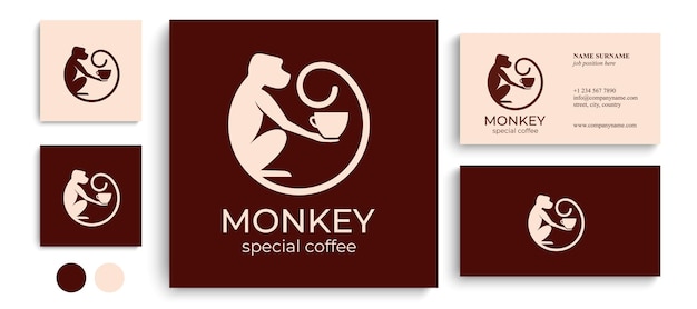 Monkey with a cup of coffee or tea Logo or badge for coffee shops and cafes Vector illustration Special logo