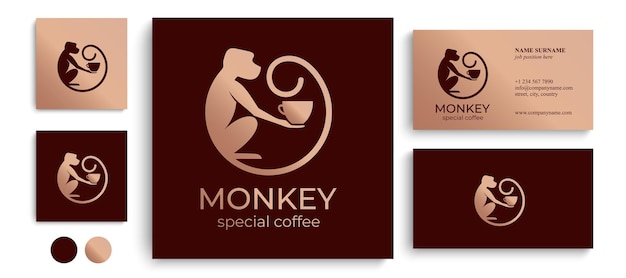 Monkey with a cup of coffee or tea Logo or badge for coffee shops and cafes Vector illustration Special logo