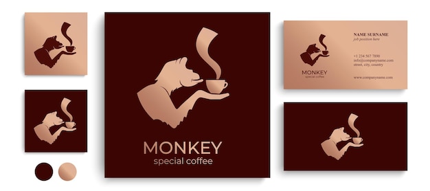 Monkey with a cup of coffee or tea Logo or badge for coffee shops and cafes Vector illustration Special logo