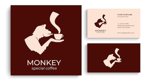 Monkey with a cup of coffee or tea Logo or badge for coffee shops and cafes Vector illustration Special logo