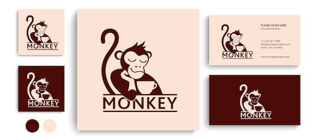 Monkey with a cup of coffee or tea Logo or badge for coffee shops and cafes Vector illustration Special logo