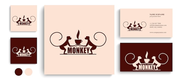 Monkey with a cup of coffee or tea Logo or badge for coffee shops and cafes Vector illustration Special logo