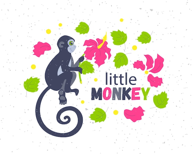 Monkey with text, flowers vector illustration design for kids fashion graphics, t shirt prints, posters, stickers etc. Children Lettering banner Little monkey. Girl fashion calligraphy