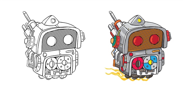 mono flying robot line art illustration with and without color