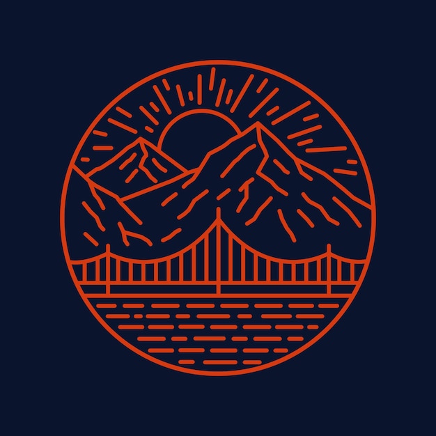 Mono line-outline design of a view of a bridge, a river and a mountain backdrop