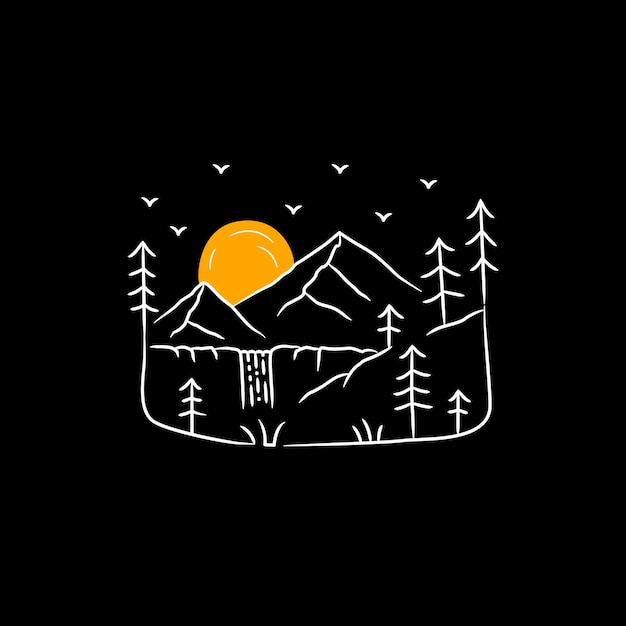 Mono line vector design of natural scenery in the form of waterfalls and mountains