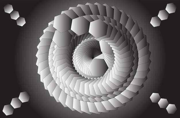 Vector monochromatic hexagonal spiral pattern futuristic and geometric design intricate 3d visual