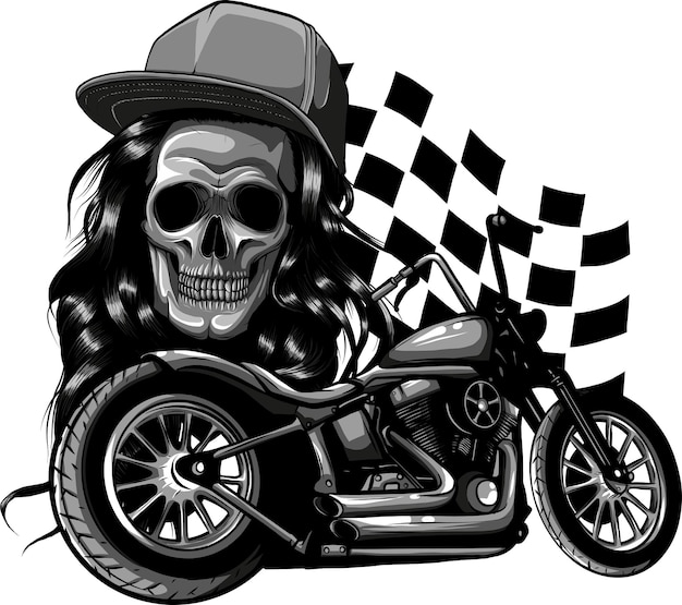 monochromatic illustration of custom Motorcycle with woman skull and race flag