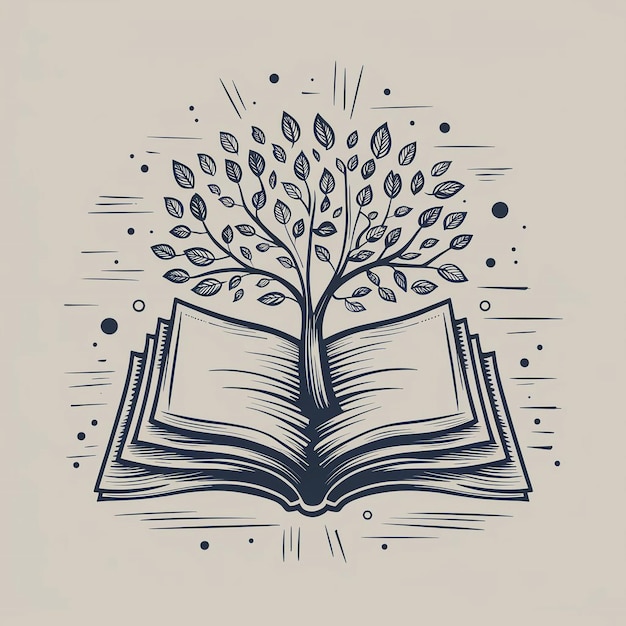 Vector monochromatic illustration featuring an open book with a tree growing from its pages