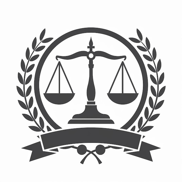 Monochromatic vectorstyle logo featuring a balanced scale symbolizing justice at the center