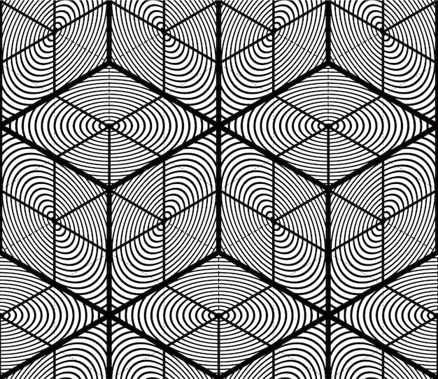 Monochrome abstract interweave geometric seamless pattern. Vector black and white illusory backdrop with three-dimensional intertwine figures. Graphic contemporary covering.