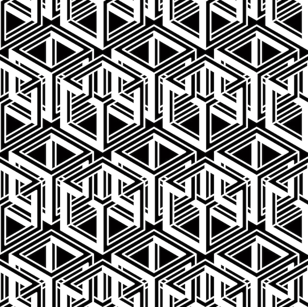 Monochrome abstract interweave geometric seamless pattern. Vector black and white illusory backdrop with three-dimensional intertwine figures. Graphic contemporary covering.