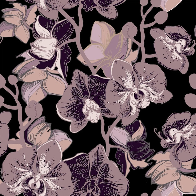 Monochrome amazing vintage floral seamless pattern with orchid flowers drawn by hand