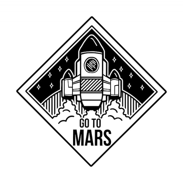 Monochrome badge design with cartoon Spaceship which fly to the Mars.