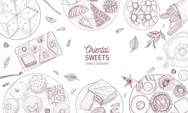 Monochrome banner template with oriental sweets lying on plates drawn with contour lines on white background, top view