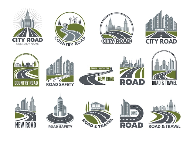 Monochrome big set of logotypes template with asphalt roads