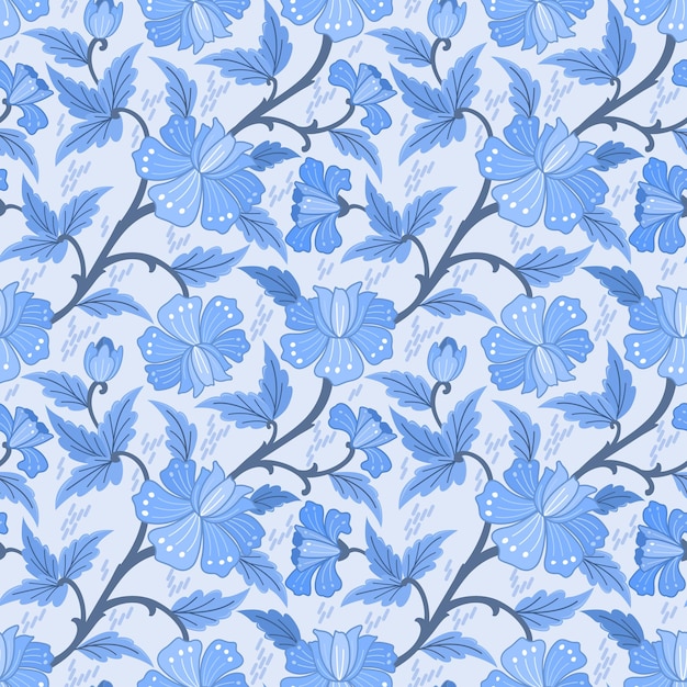 Monochrome blue flowers and leaves seamless pattern t