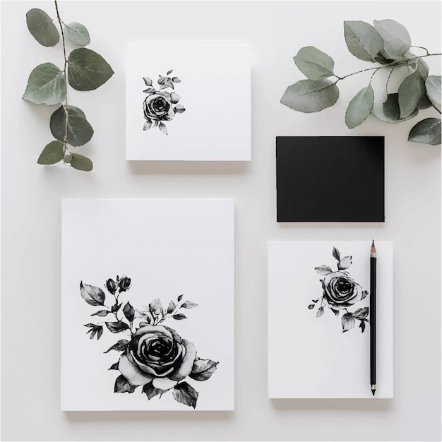 Monochrome Botanical Artistry Elegant Rose Sketches and Eucalyptus Sprigs on Clean White Canvas