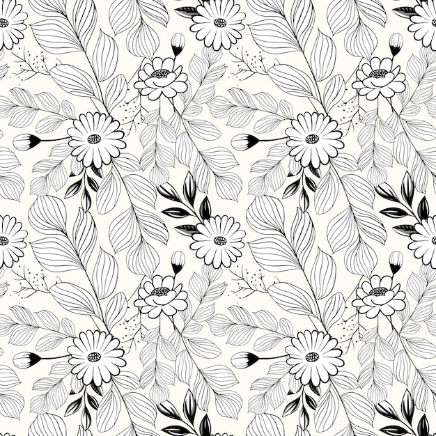 Vector monochrome botanical pattern seamless background with daisies hand drawn outline floral wallpaper