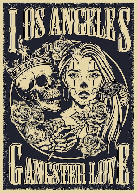 Vector monochrome chicano tattoo style vintage poster