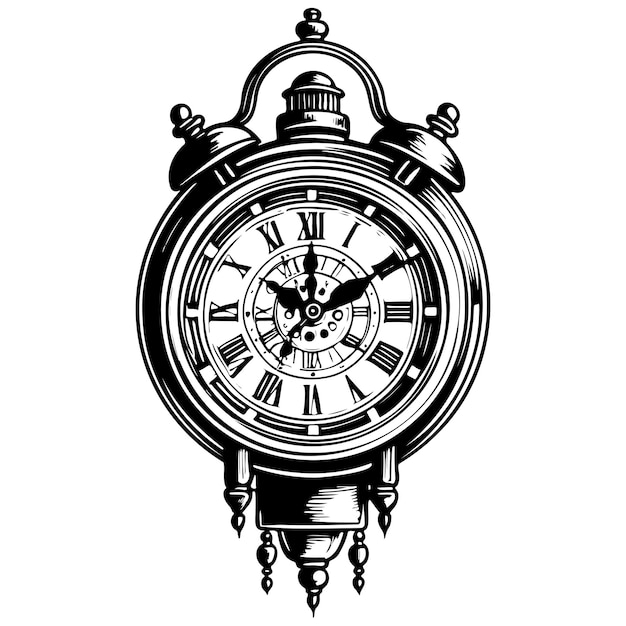 Monochrome clock realistic ink sketch of black silhouette outline transparent background