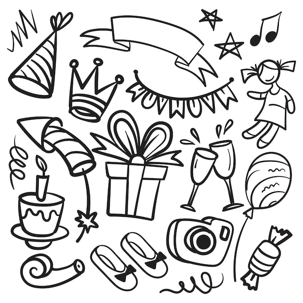 Vector monochrome doodle happy birthday or party celebration set of elements vector illustration isolated on white background