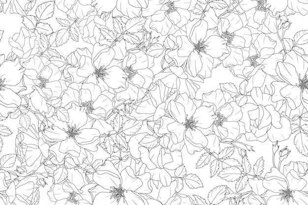 Monochrome doodle line art rose flower bouquet repeat seamless pattern