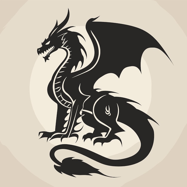 Vector monochrome dragon illustration fierce fantasy creature fearsome beast mythical legend folklore