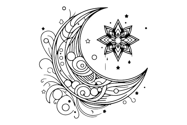 Vector a monochrome drawing of a crescent moon and a single star