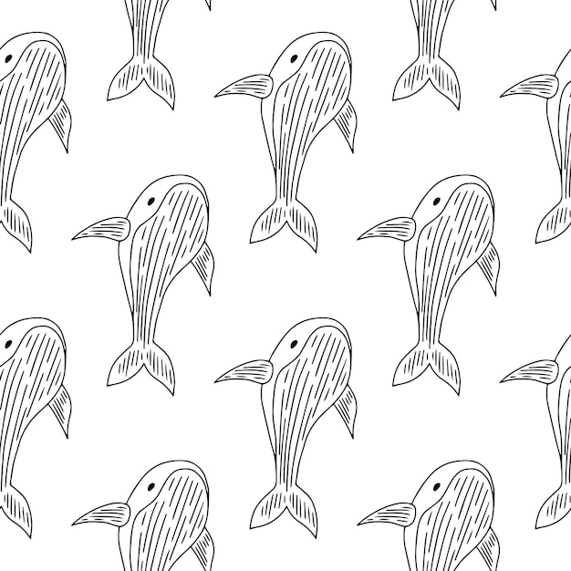 Monochrome and elegant seamless pattern with whales.