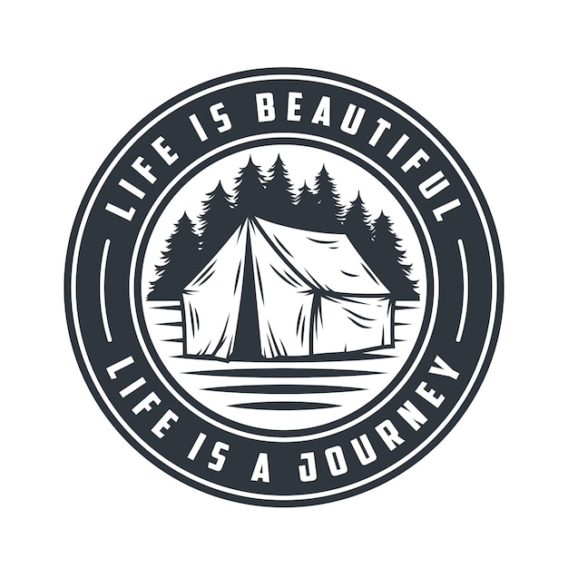 Monochrome emblem camping tent and forest travel adventure