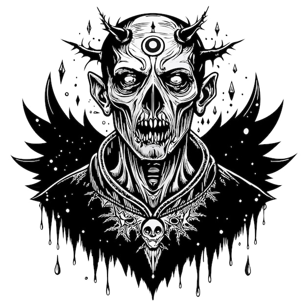 Monochrome Gothic Demon Illustration Skull Horns and Mystical Elements