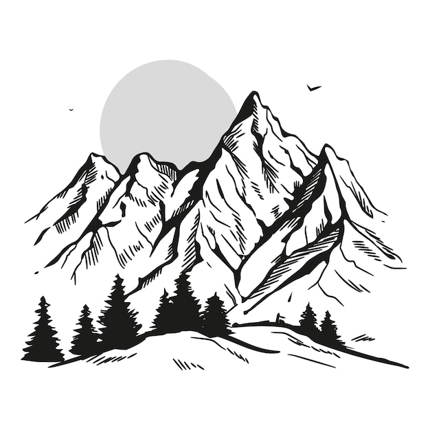 Monochrome hand drawn mountain outline illustration