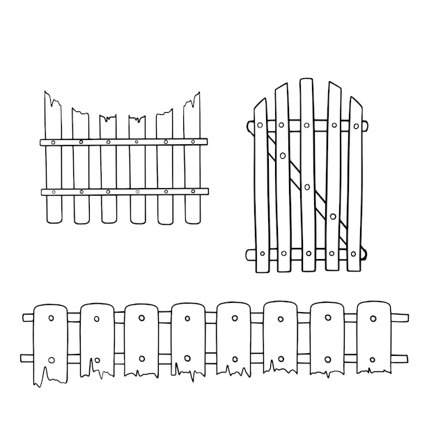 Monochrome icon set old wooden fence with a semicircular top gate vector cartoon