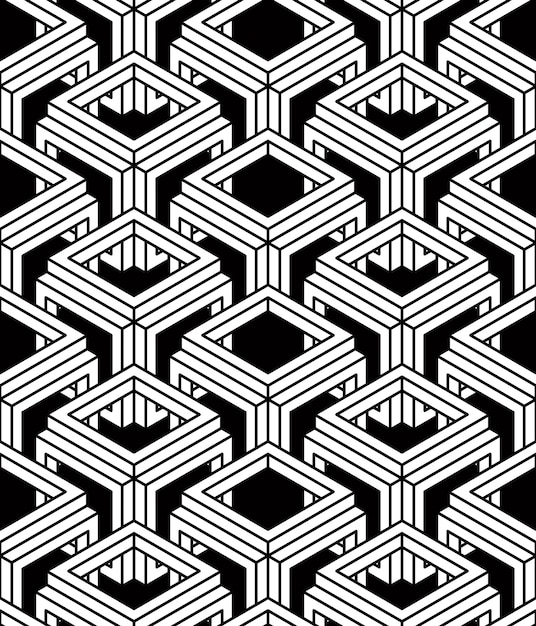 Monochrome illusory abstract geometric seamless pattern with 3d geometric figures. Vector black and white striped backdrop.