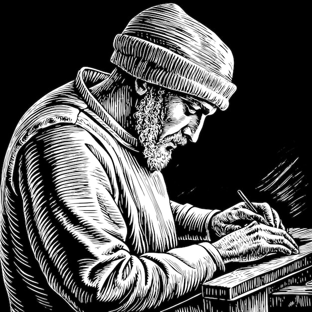 Monochrome Illustration of a Bearded Man Writing with Deep Concentration