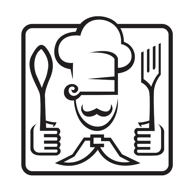 monochrome illustration of chef with spoon and fork