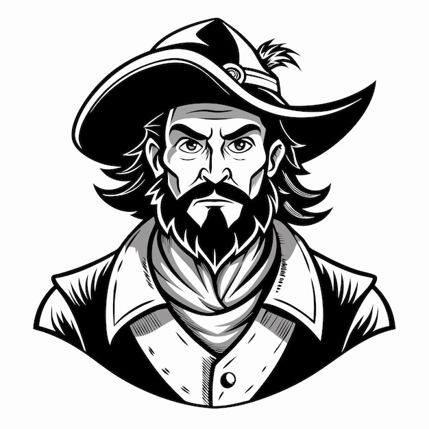 Monochrome Illustration of a Pirate with Hat and Beard in Vintage Style