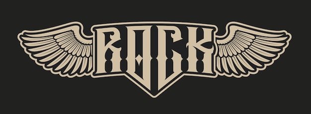 Monochrome illustration of rock lettering with wings on a black background. Ideal for factory printing