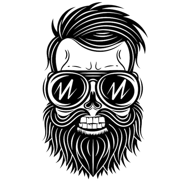 Monochrome illustration of a skull with a beard mustache hipster haircut and sunglasses Isolated