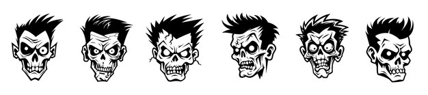 Vector monochrome illustration of a zombie's head collection halloween theme