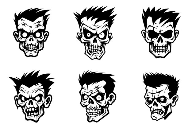 Vector monochrome illustration of a zombie's head collection halloween theme