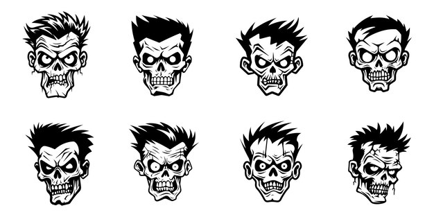 Vector monochrome illustration of a zombie's head collection halloween theme