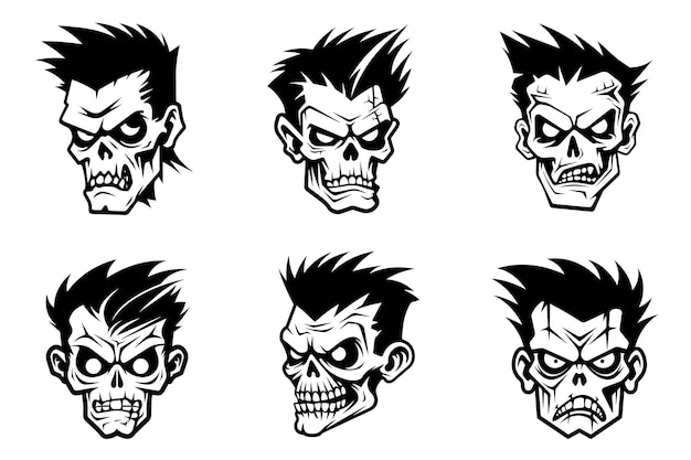 Vector monochrome illustration of a zombie's head collection halloween theme